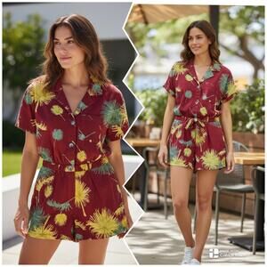 Free People Malibu Romper Women Red Yellow Tropical  Boho Cotton Sz S # 1119